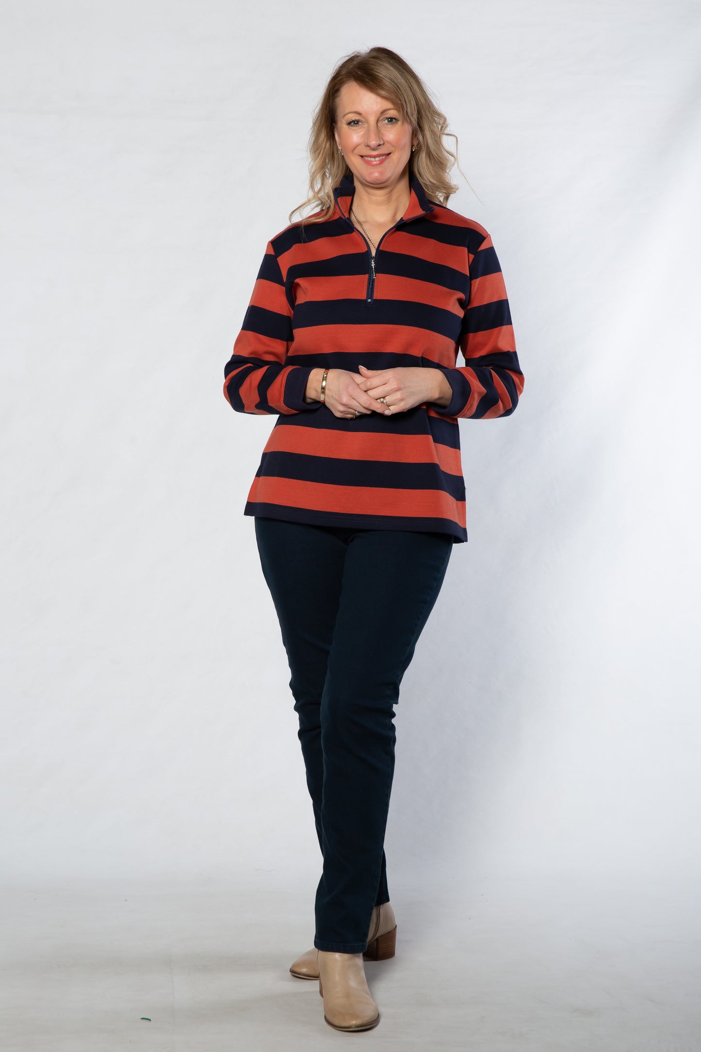 Block stripe 1/2 zip rugby #1045 - RUST NAVY