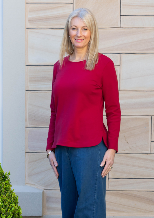Long sleeve stretch cotton crew neck top #108 Red
