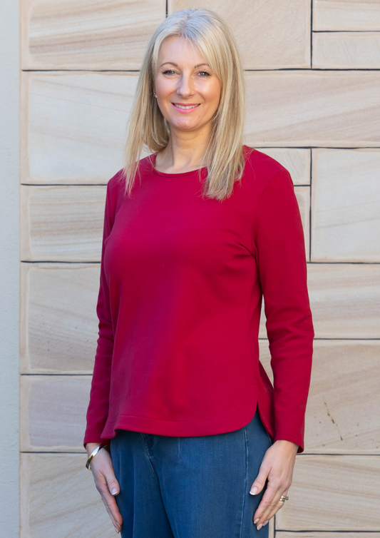 Long sleeve stretch cotton crew neck top #108 Red