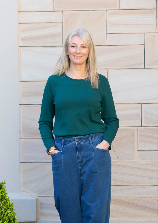 Long sleeve stretch cotton crew neck top #108 Emerald