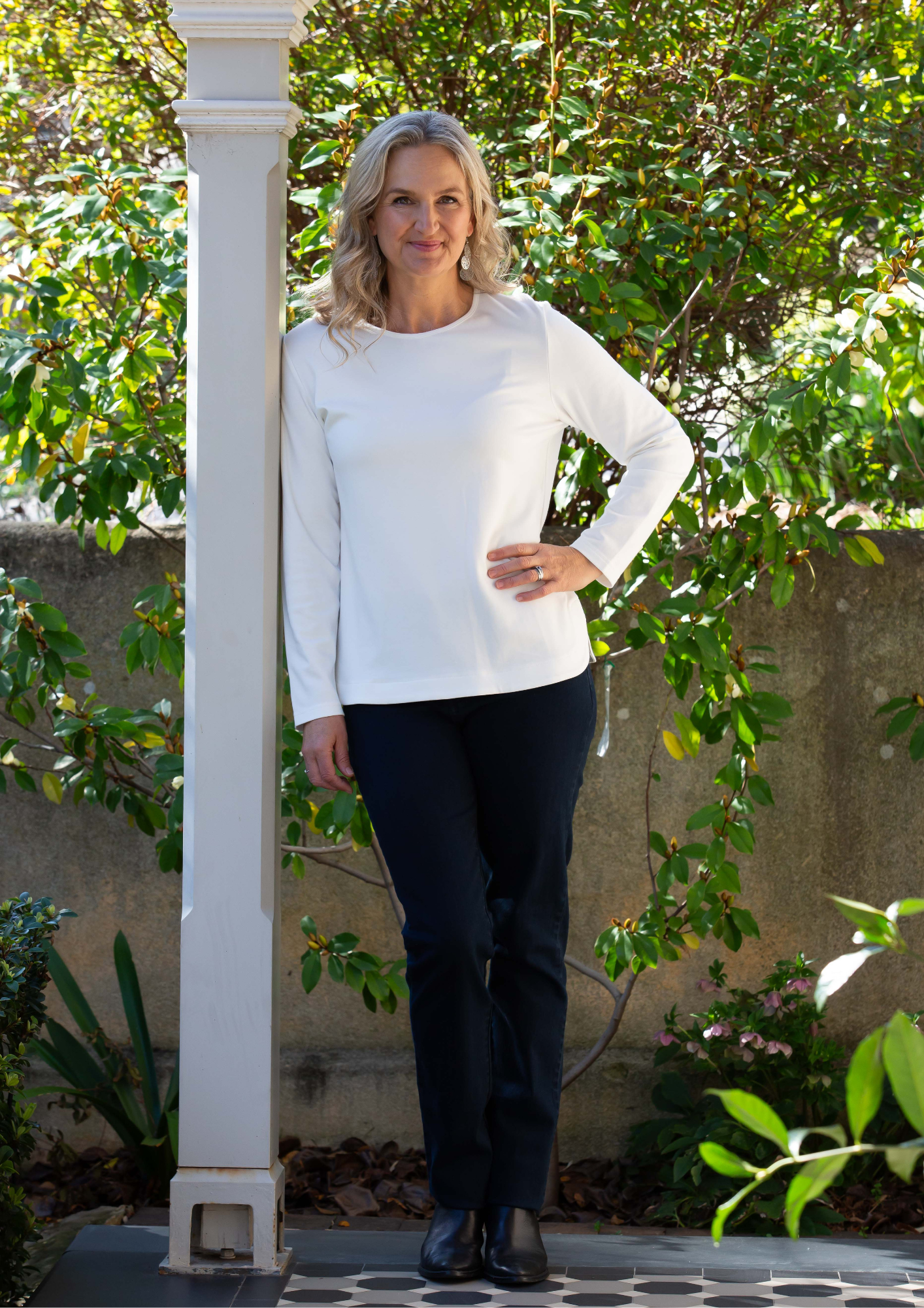 Long sleeve stretch cotton round neck top - #108 White