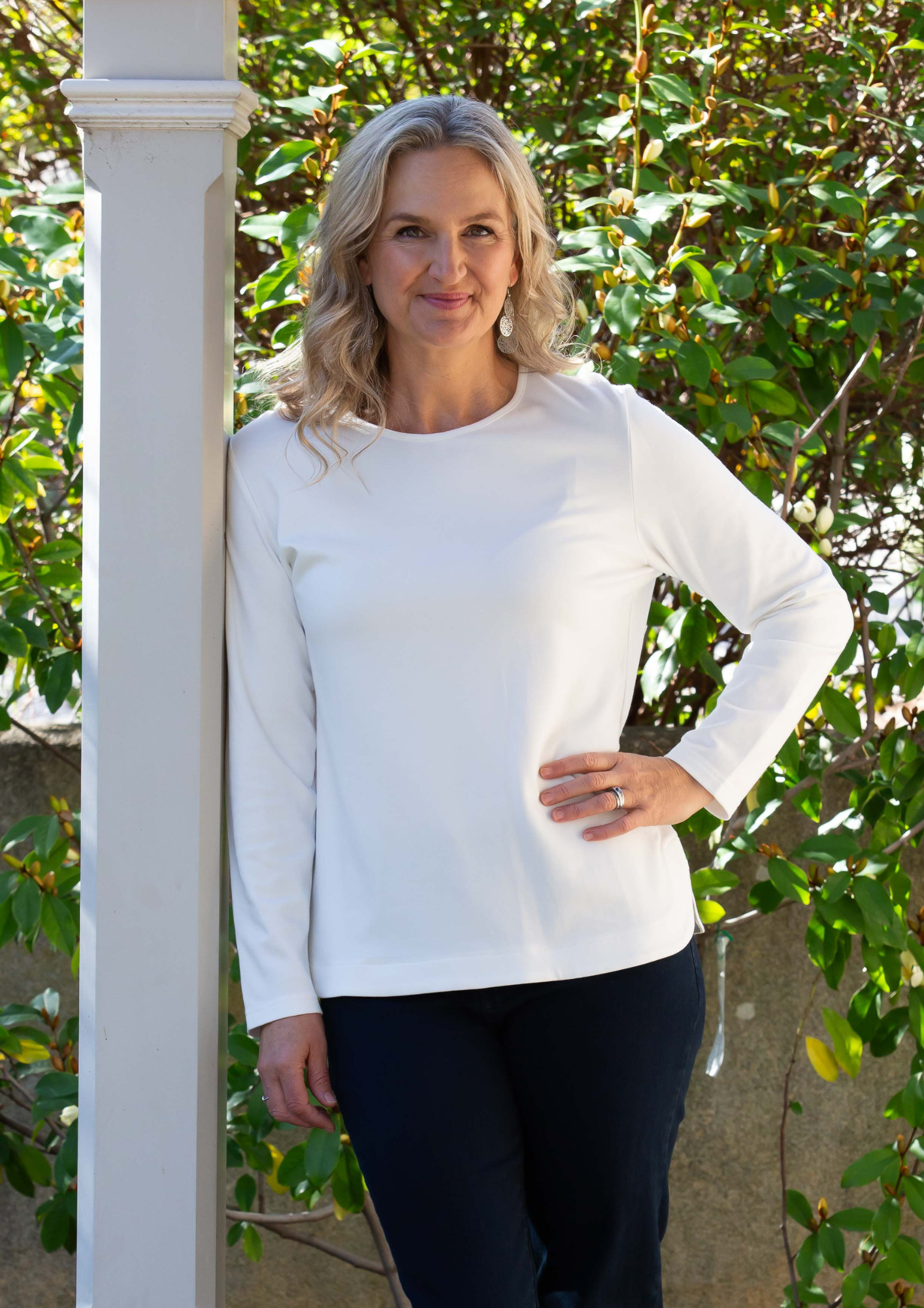 Long sleeve stretch cotton round neck top - #108 White
