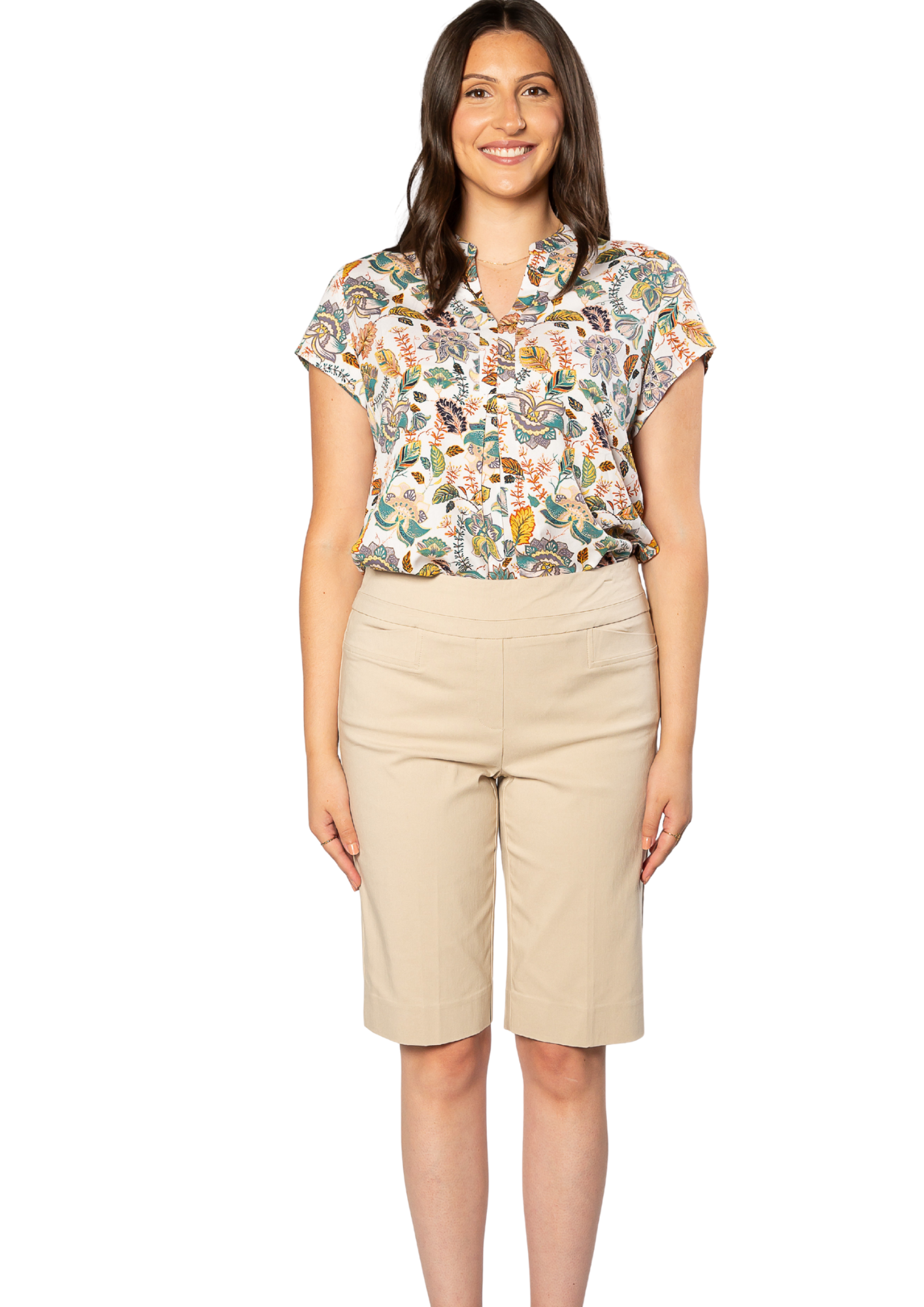 Pull on bengaline knee length short #6255 Sand