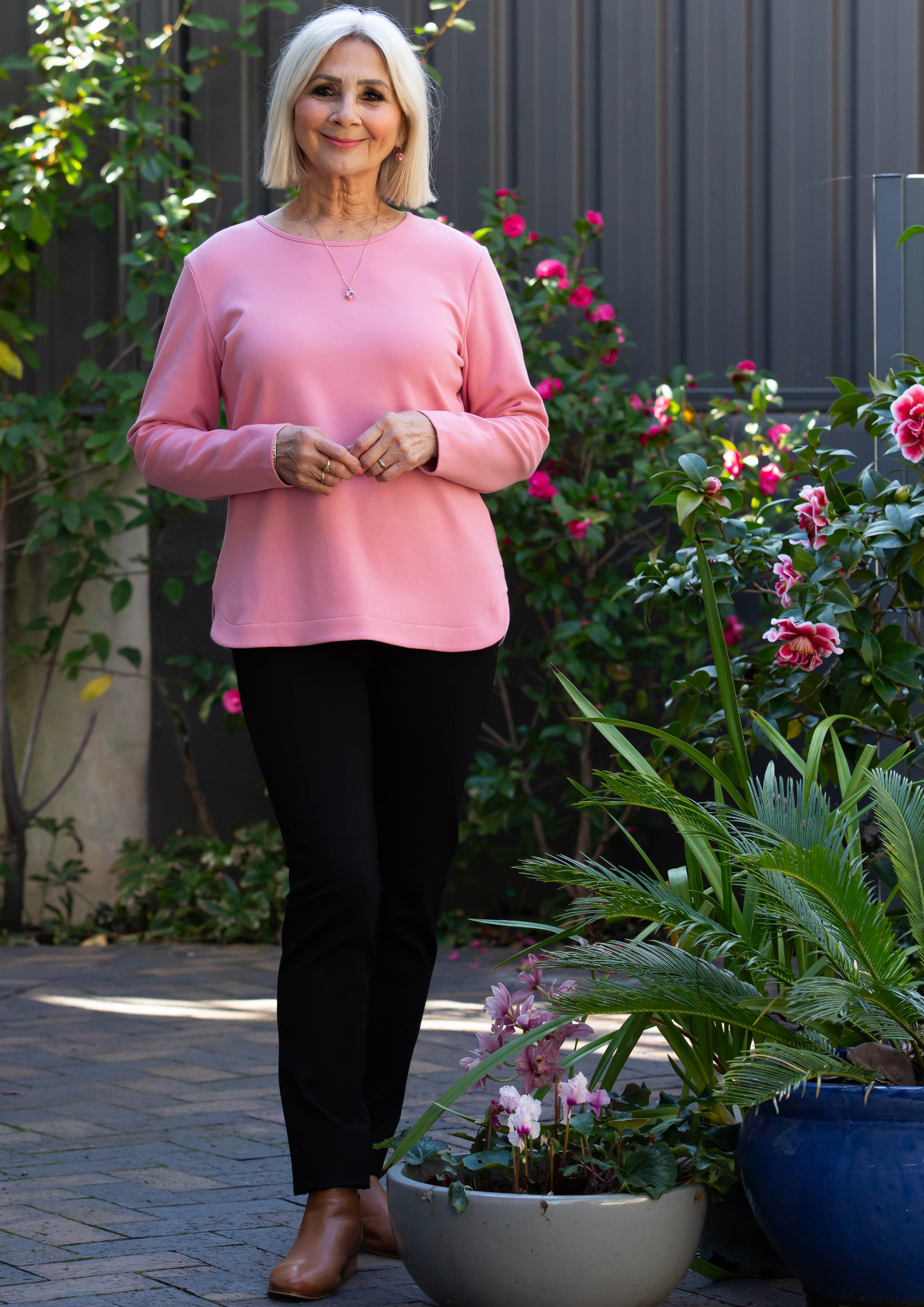 Long sleeve stretch cotton crew neck top #108 Pink