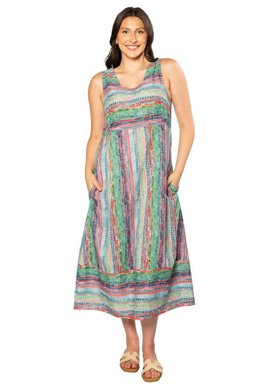 Pure Cotton Stripe print  contrast panel Sleeveless Shift Dress with pockets 7803 - Stripe
