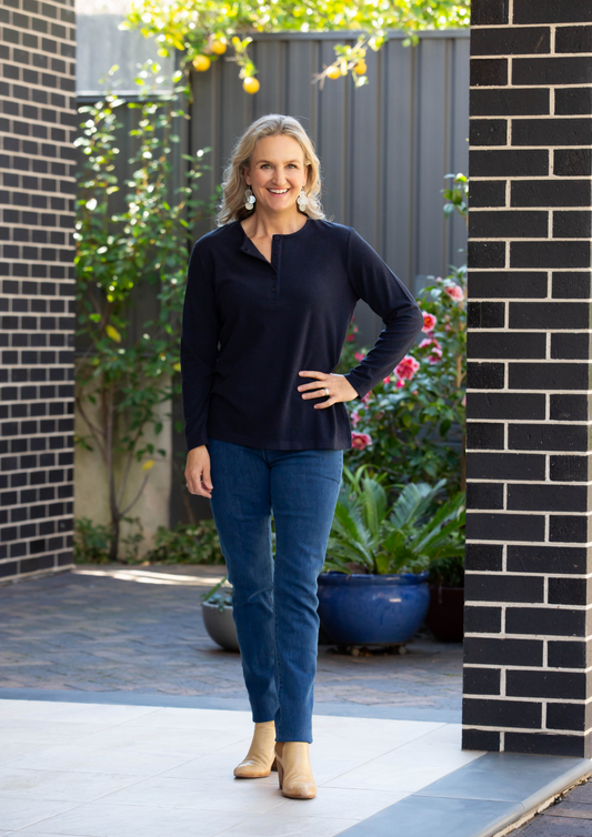 Henley Long sleeve stretch crew neck top #209 Midnight