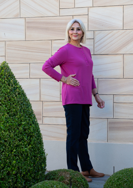 Henley Long sleeve stretch crew neck top #209 Pink