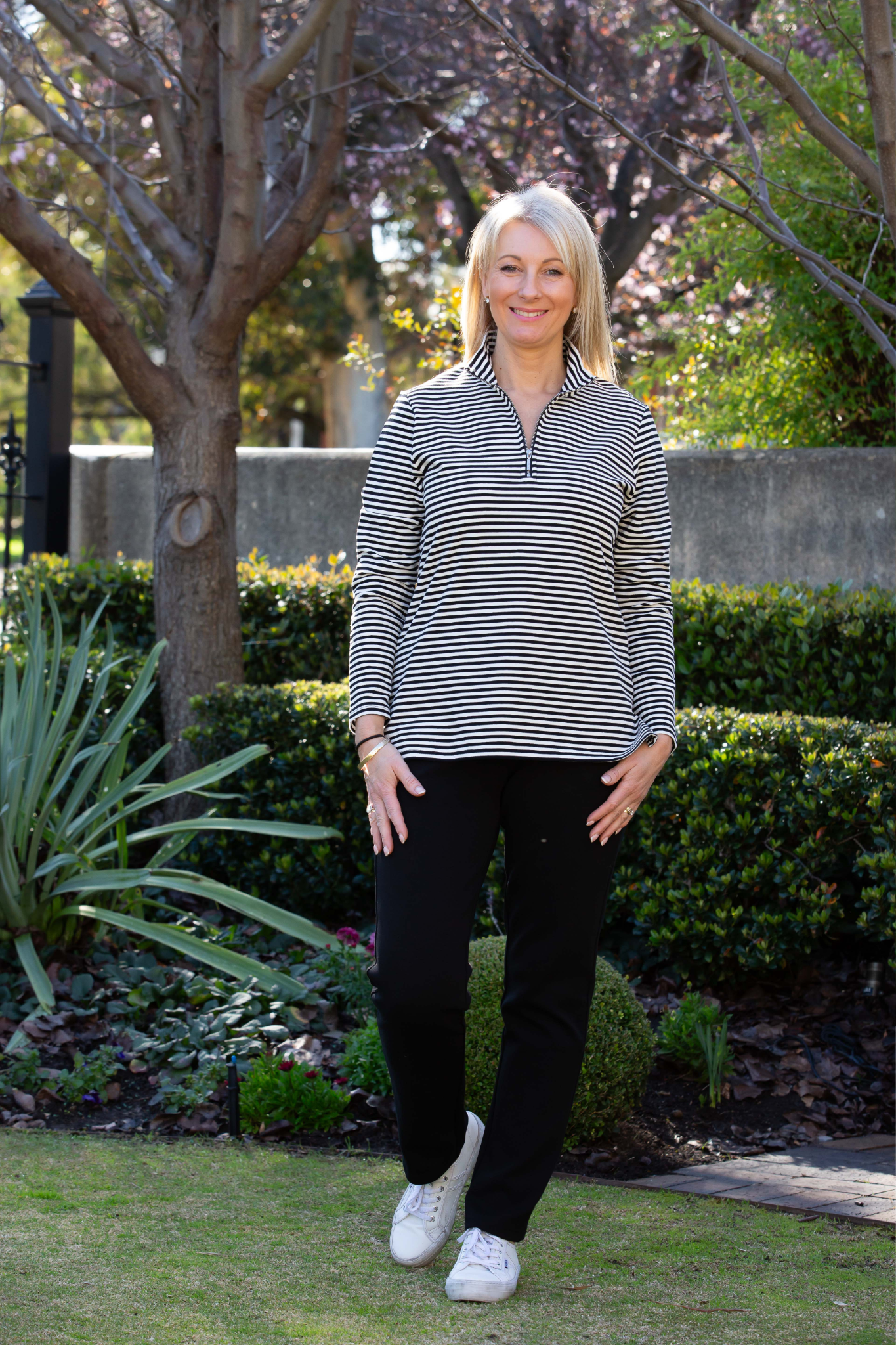 3/4 Sleeve Yarn Dyed Stripe Cotton Top with 1/2 zip #238 Black/White