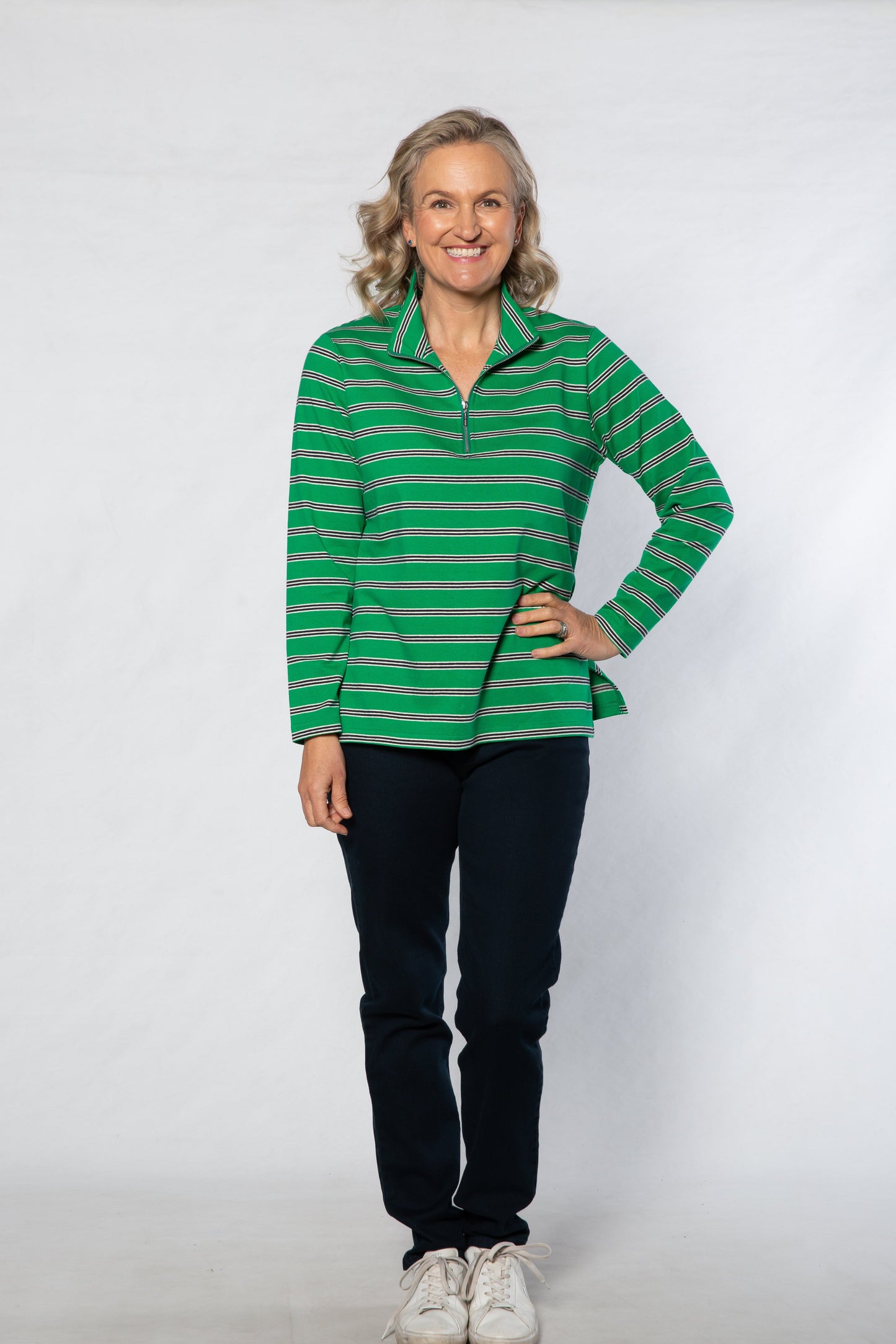 Cotton Stripe Knit Polo Top with half zip opening #297 Green/Navy