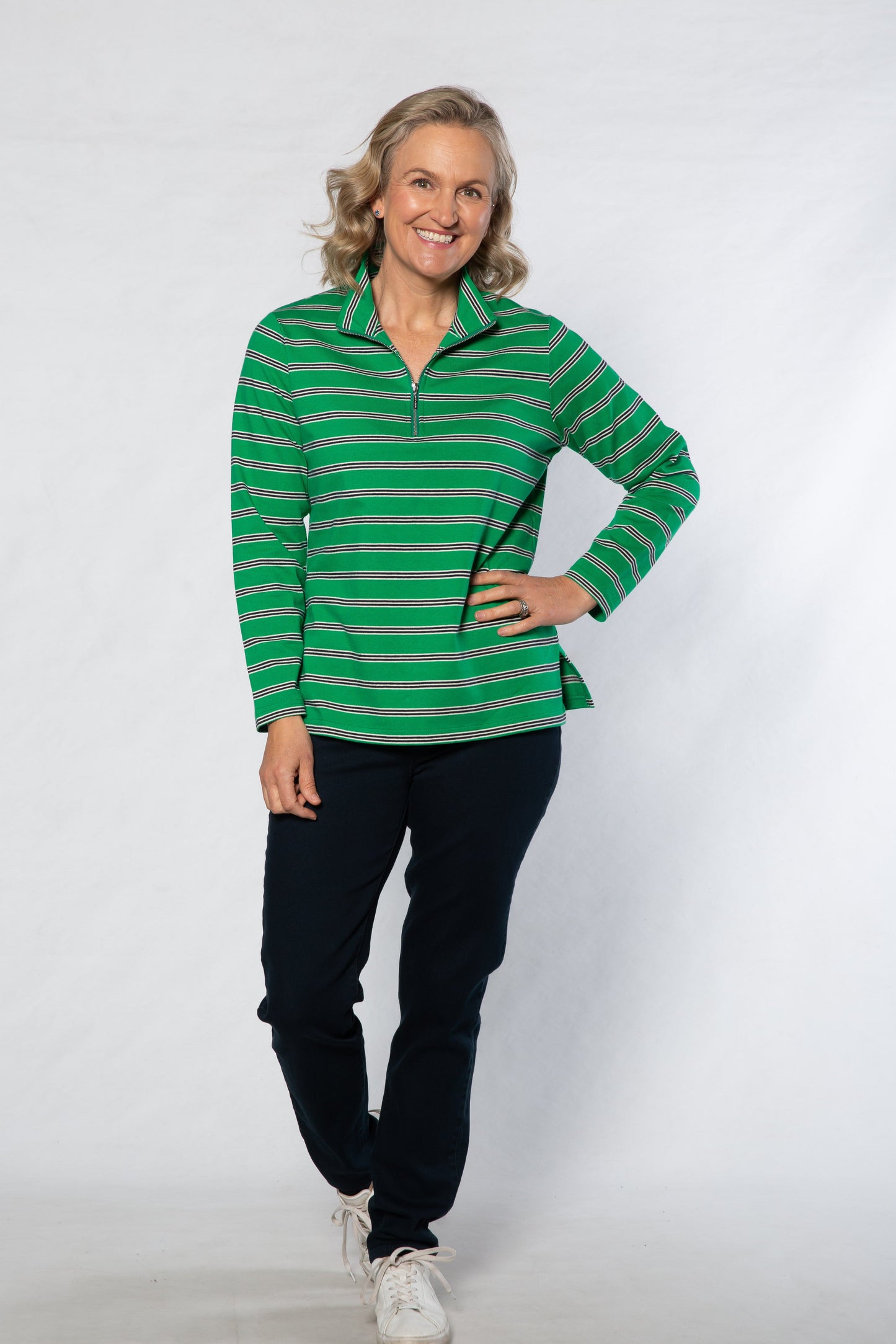 Cotton Stripe Knit Polo Top with half zip opening #297 Green/Navy