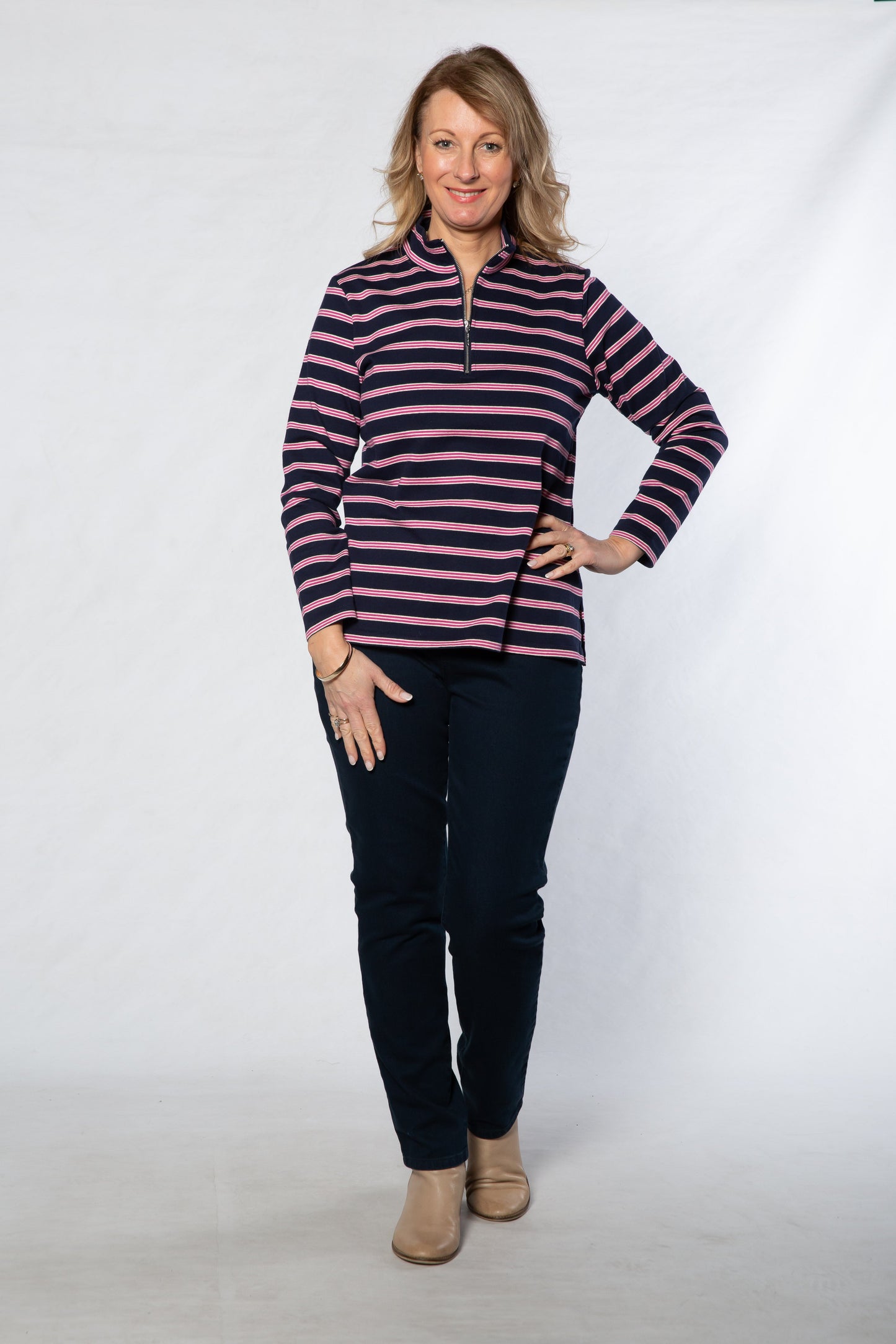 Cotton Stripe Knit Polo Top with half zip opening #297 Navy/Pink