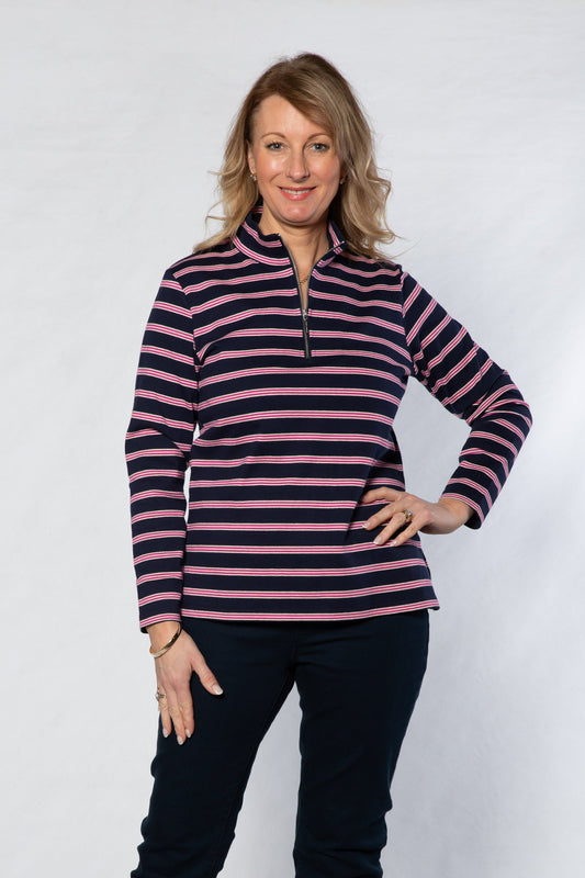 Cotton Stripe Knit Polo Top with half zip opening #297 Navy/Pink