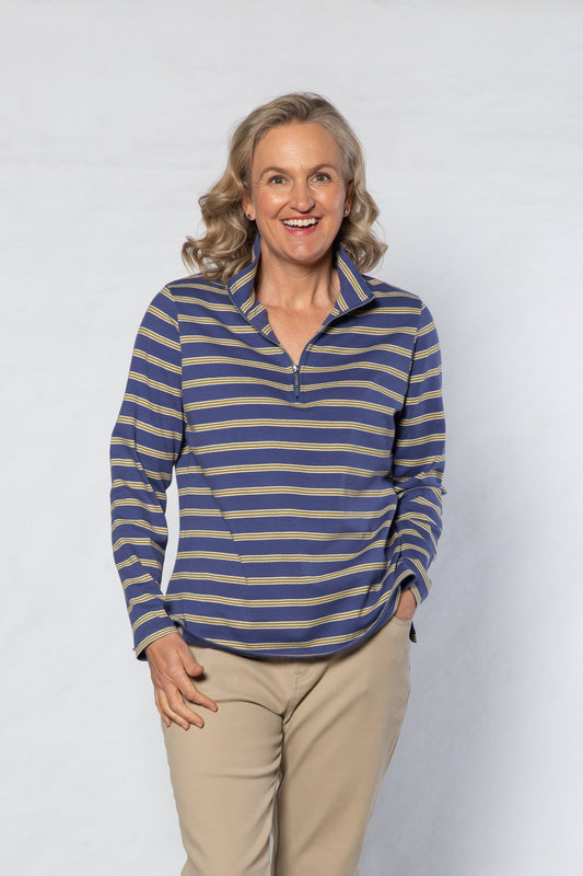 Cotton Stripe Knit Polo Top with half zip opening #297 Blue