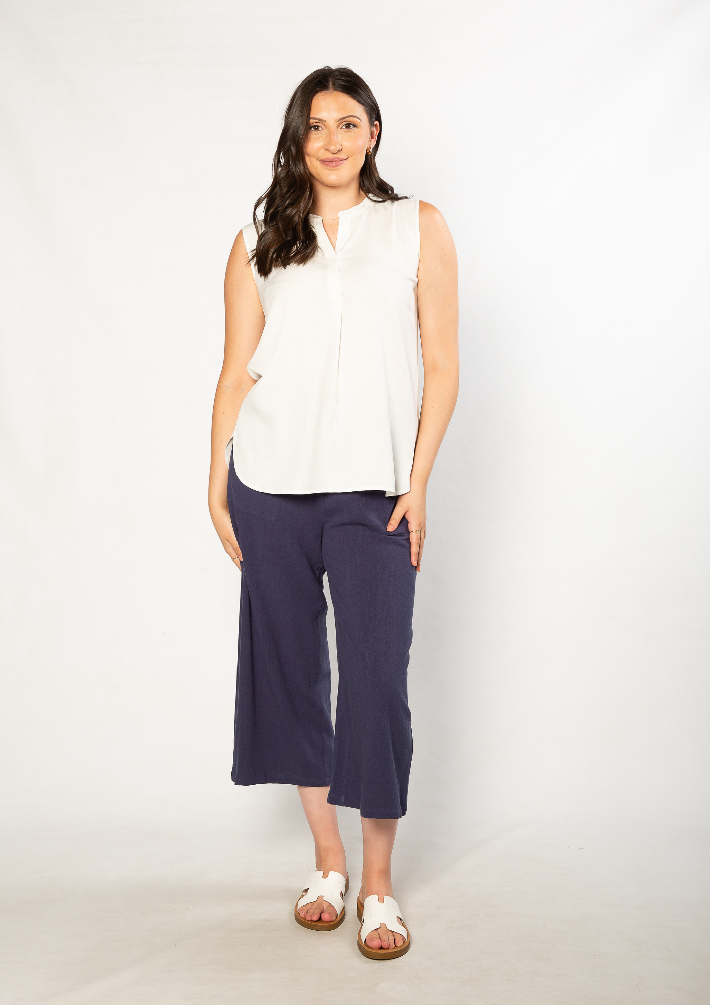 Linen Blend 3/4 Length Pant with Pockets #6678 - Navy