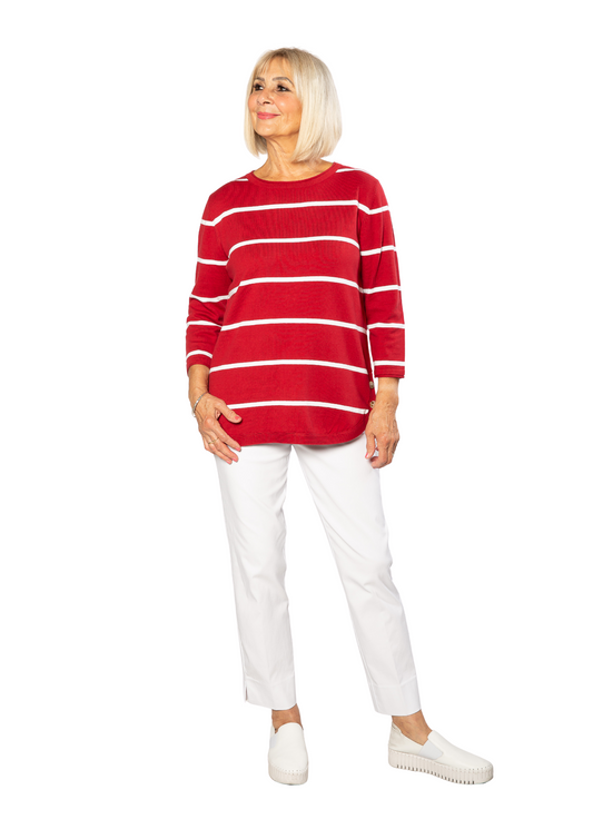 100% Cotton Stripe 3/4 Sleeve Light Weight Summer Knit #5018 - Cranberry