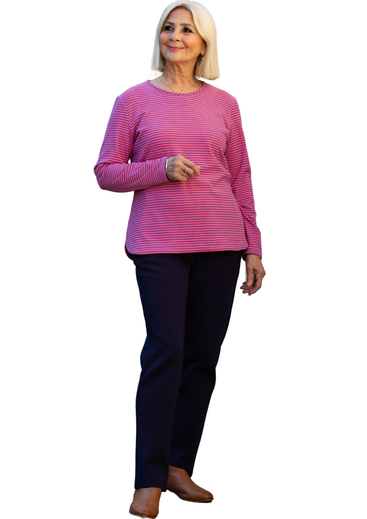 Long Sleeve Stretch Jersey Stripe Top - Pink #102