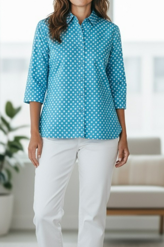 100% Cotton Spot Print 3/4 sleeve Shirt #3204 Blue