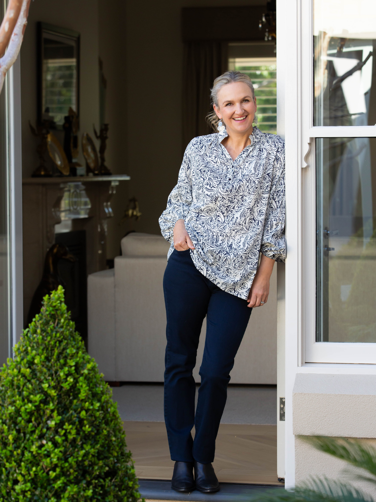 Florentine Print Relaxed Top with mandarin collar and half placket opening #3116