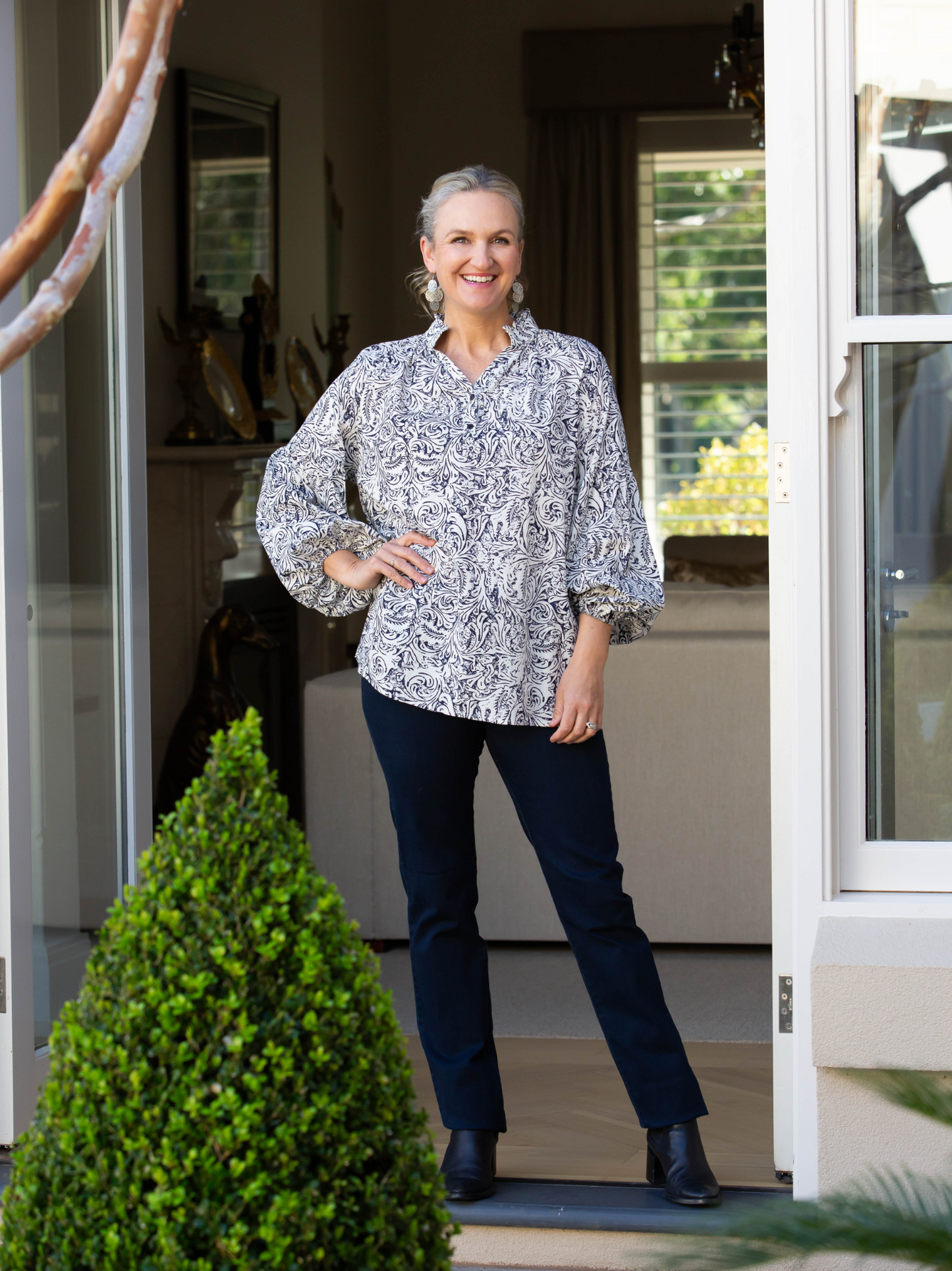 Florentine Print Relaxed Top with mandarin collar and half placket opening #3116