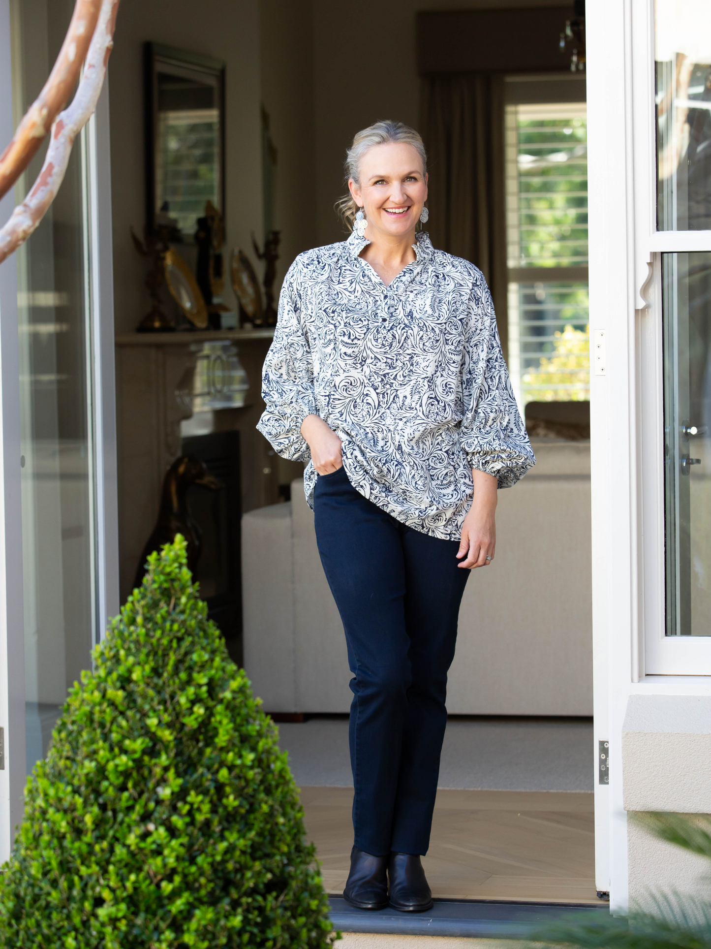 Florentine Print Relaxed Top with mandarin collar and half placket opening #3116