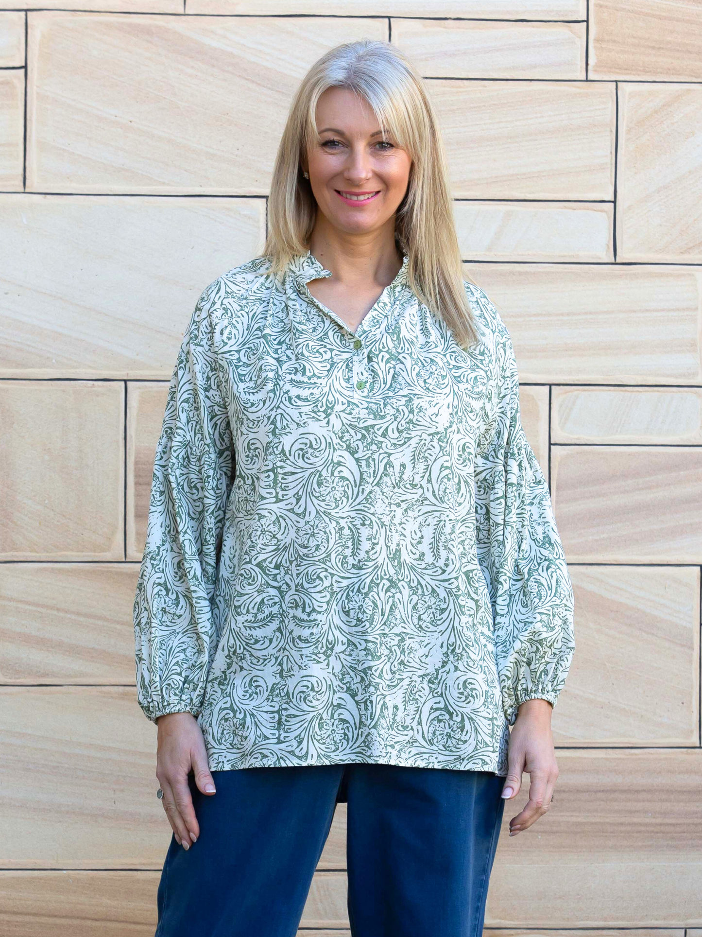 Florentine Print Relaxed Top with mandarin collar and half placket opening #3116 Sage