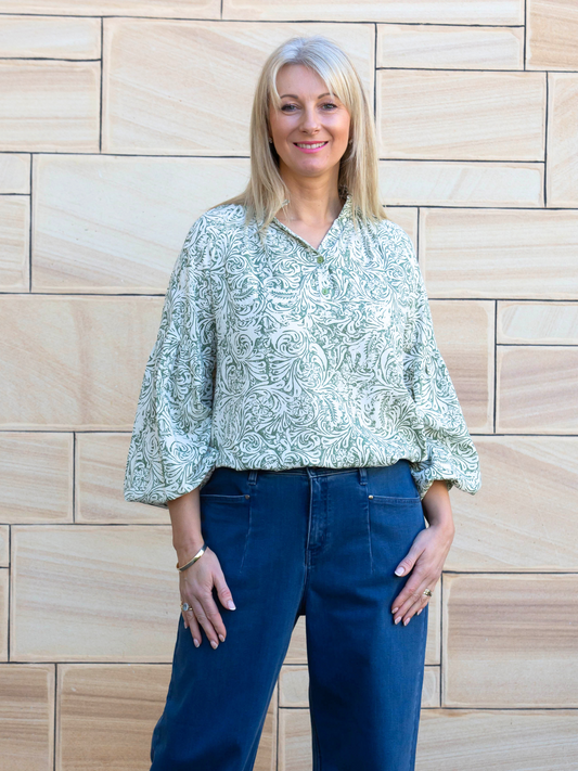 Florentine Print Relaxed Top with mandarin collar and half placket opening #3116 Sage