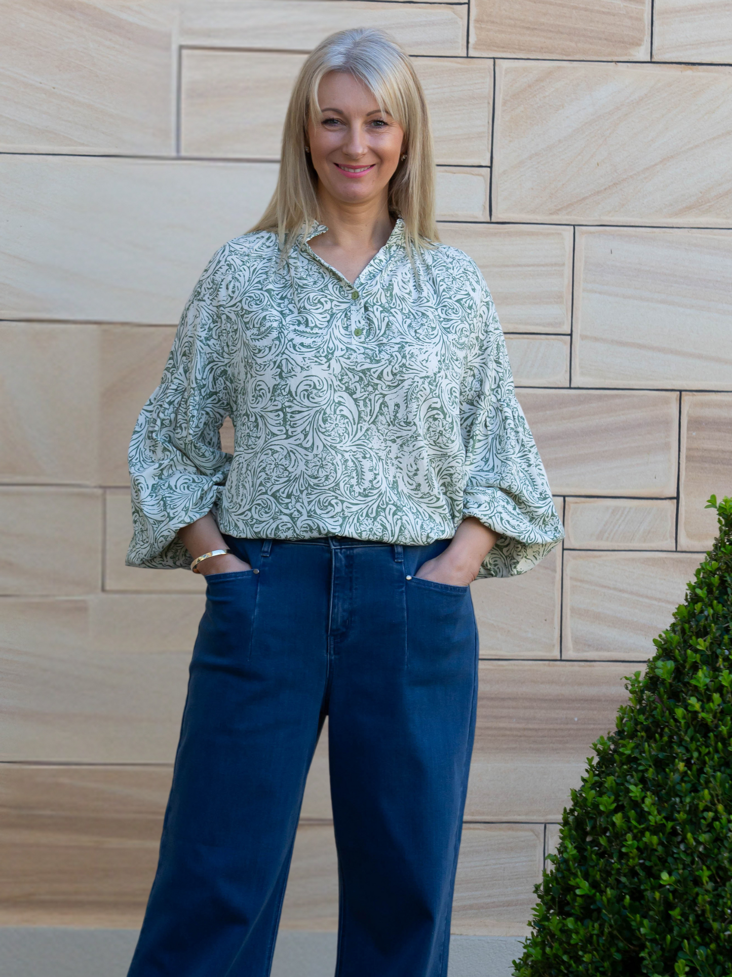Florentine Print Relaxed Top with mandarin collar and half placket opening #3116 Sage