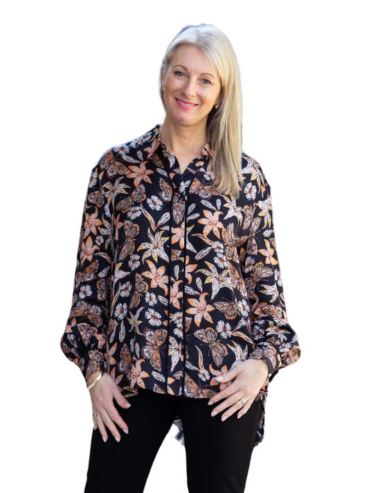 Silk Modal Black Floral Golden Butterfly Print smart shirt 3118