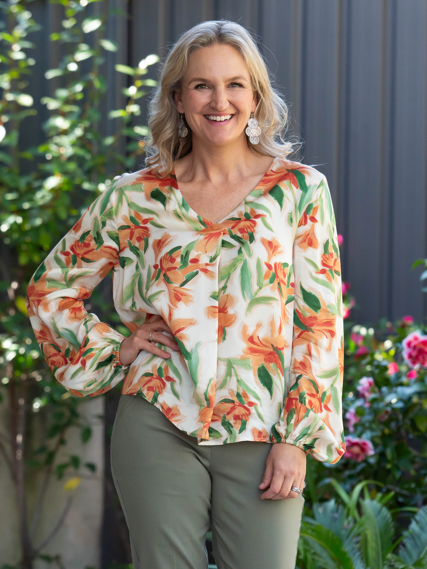 Silk Modal Blend Frangipani Print Smart, Relaxed Top 3119
