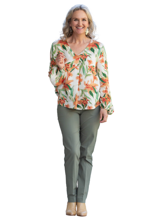 Silk Modal Blend Frangipani Print Smart, Relaxed Top 3119