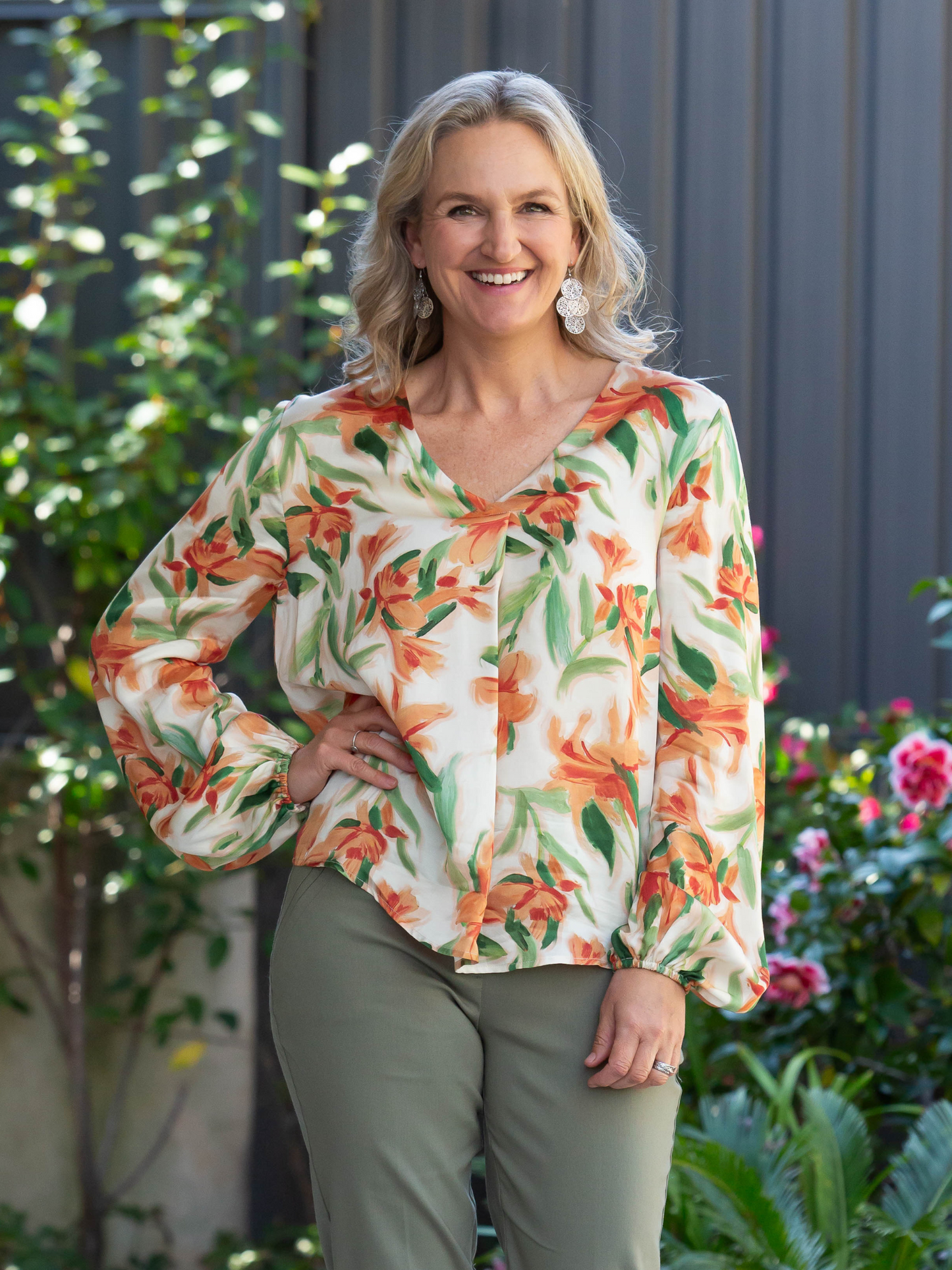 Silk Modal Blend Frangipani Print Smart, Relaxed Top 3119