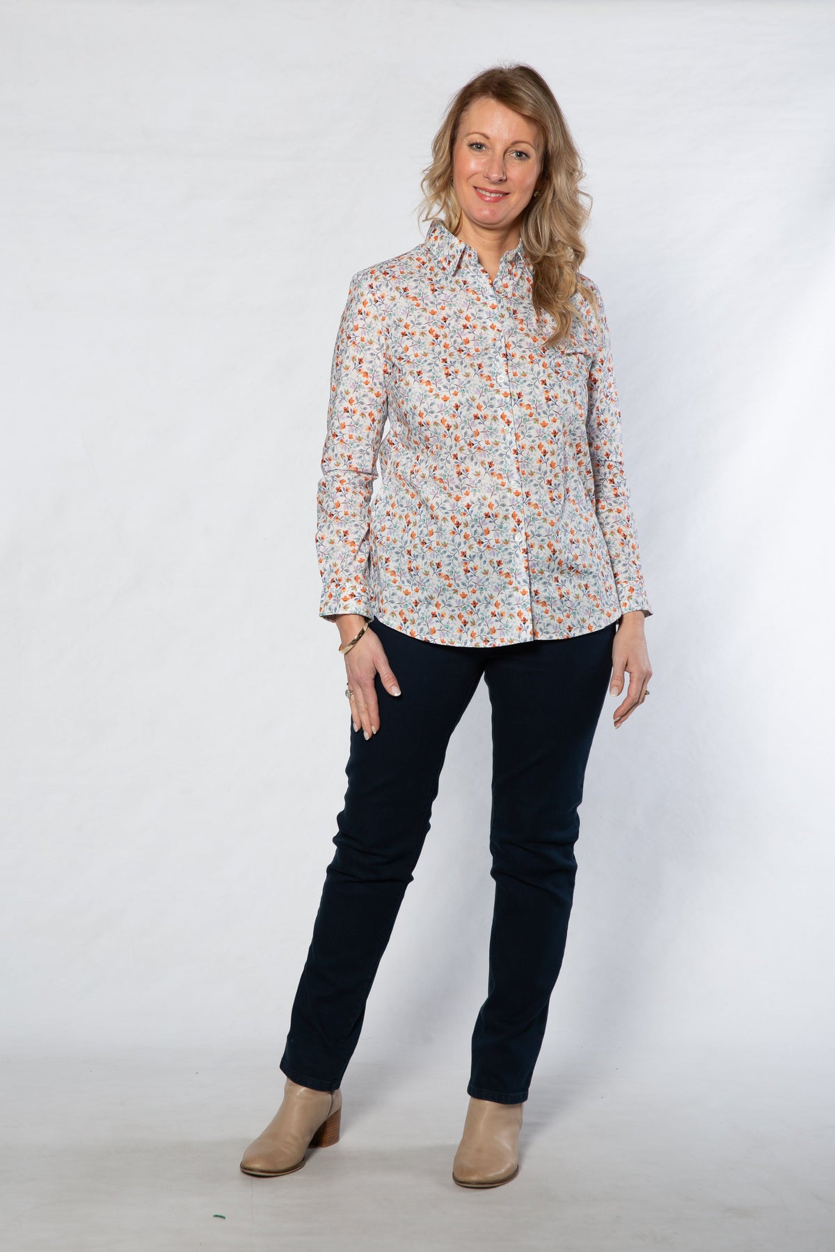 Small Floral Print Cotton Long Sleeve Shirt, #3134 Paprika Multi