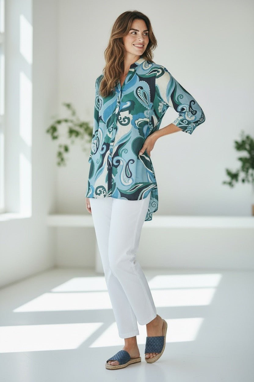 Tab Sleeve Paisley Print Overshirt – #3609 Green & Navy