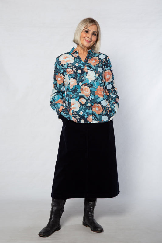 Pleat Front Floral Print Rayon Shirt #3627 Blue