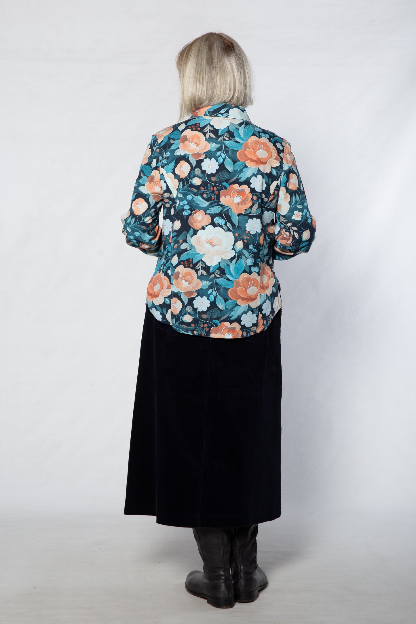 Pleat Front Floral Print Rayon Shirt #3627 Blue