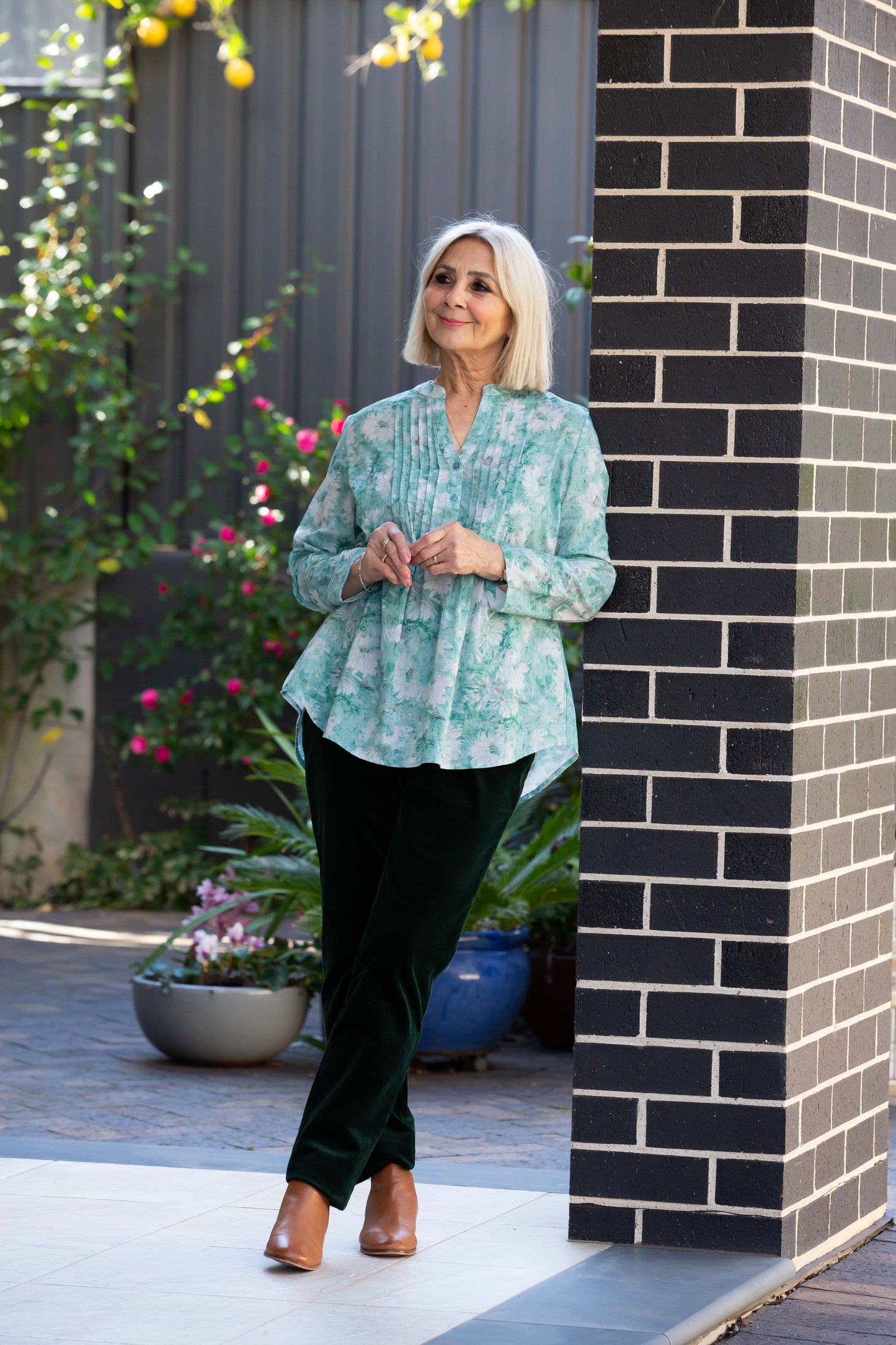 Green Floral Pleated Front shirt with mandarin collar and half placket opening #3724