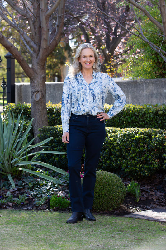 Blue Floral Garden Pleated Front Shirt with Drop Neck Collar #3965
