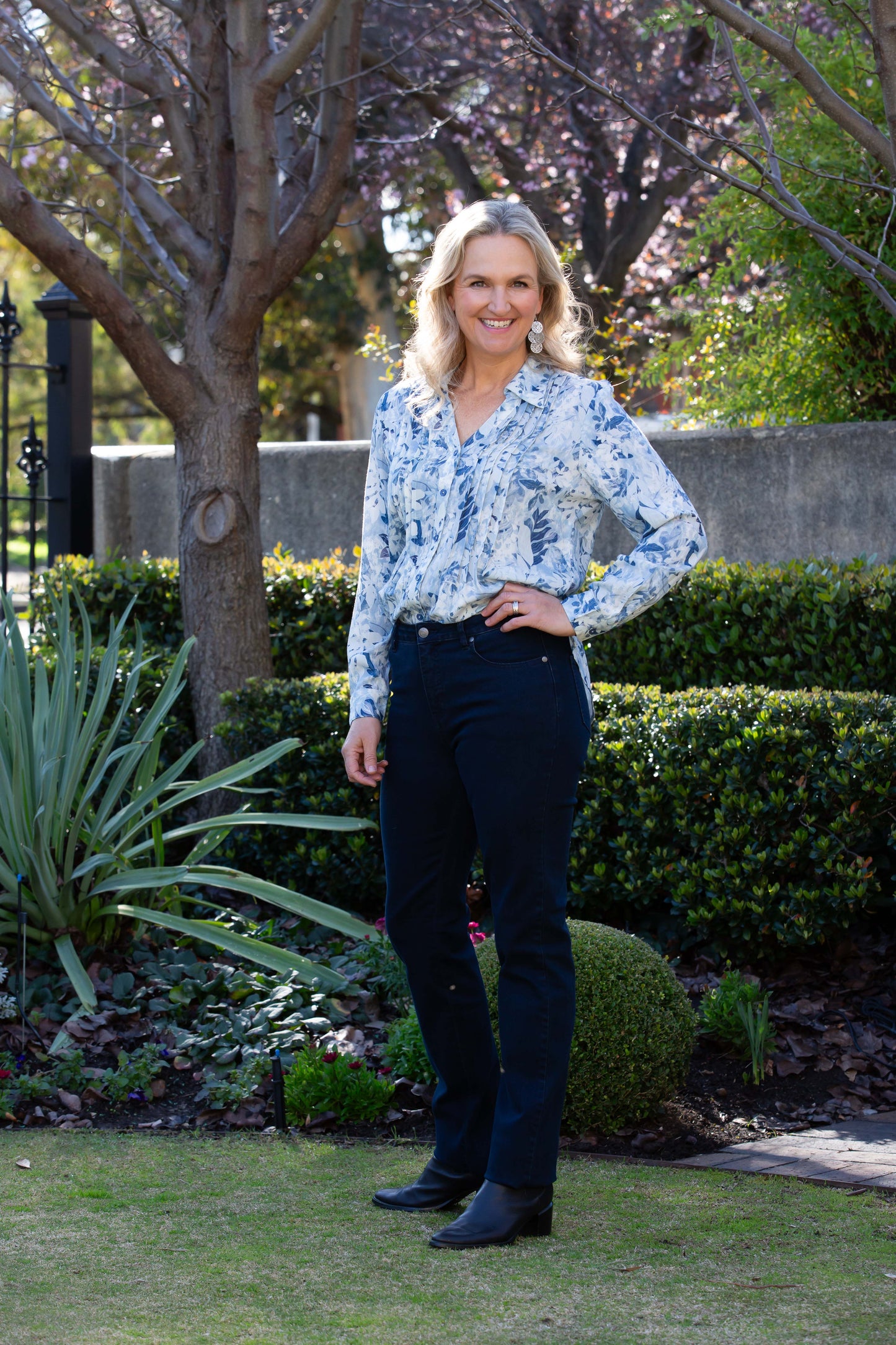Blue Floral Garden Pleated Front Shirt with Drop Neck Collar #3965