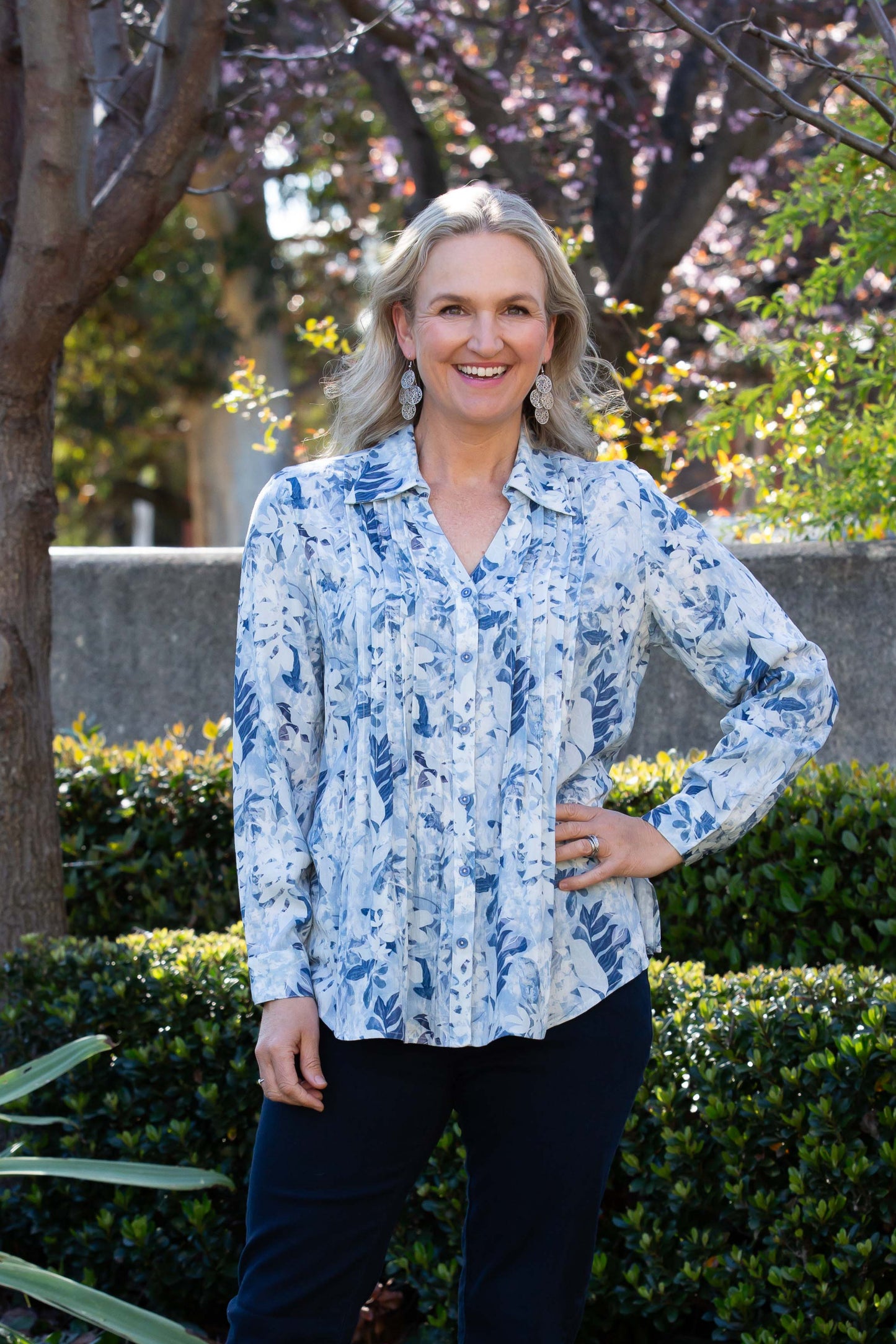 Blue Floral Garden Pleated Front Shirt with Drop Neck Collar #3965