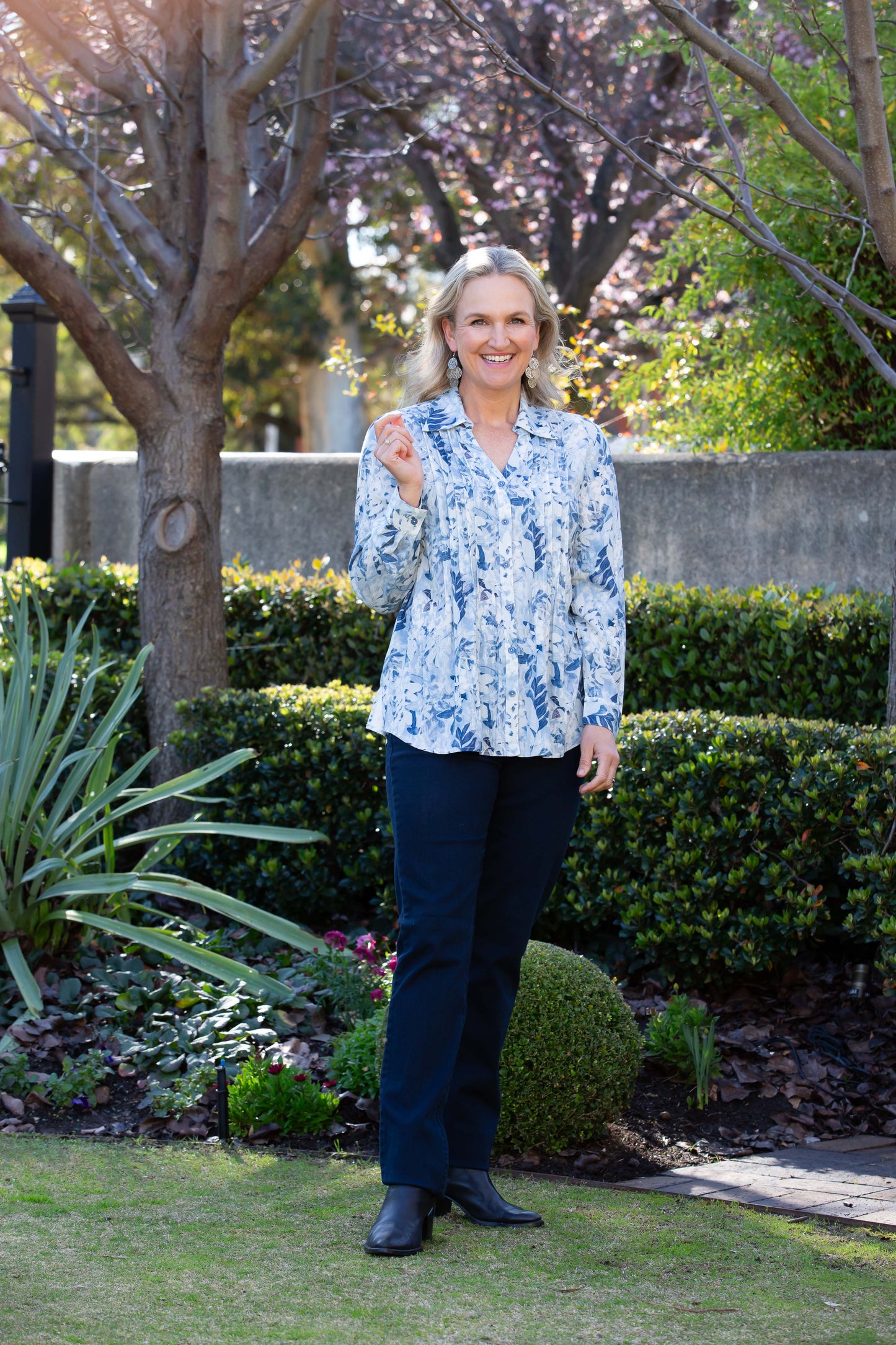 Blue Floral Garden Pleated Front Shirt with Drop Neck Collar #3965