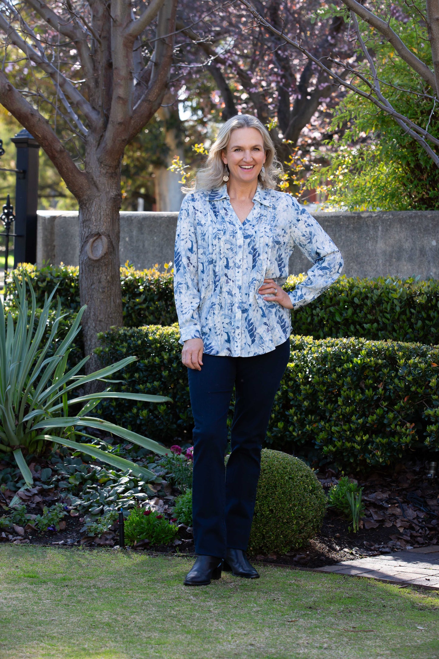 Blue Floral Garden Pleated Front Shirt with Drop Neck Collar #3965
