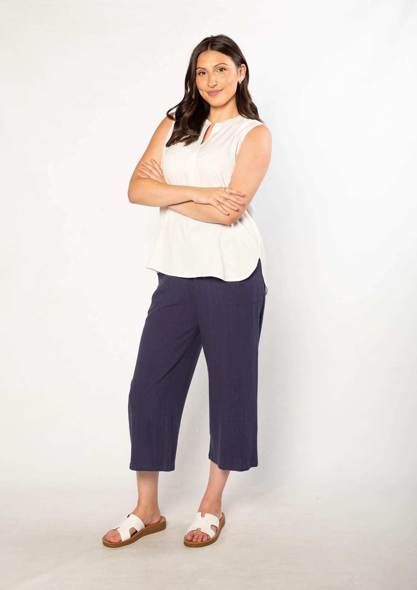 Linen Blend 3/4 Length Pant with Pockets #6678 - Navy