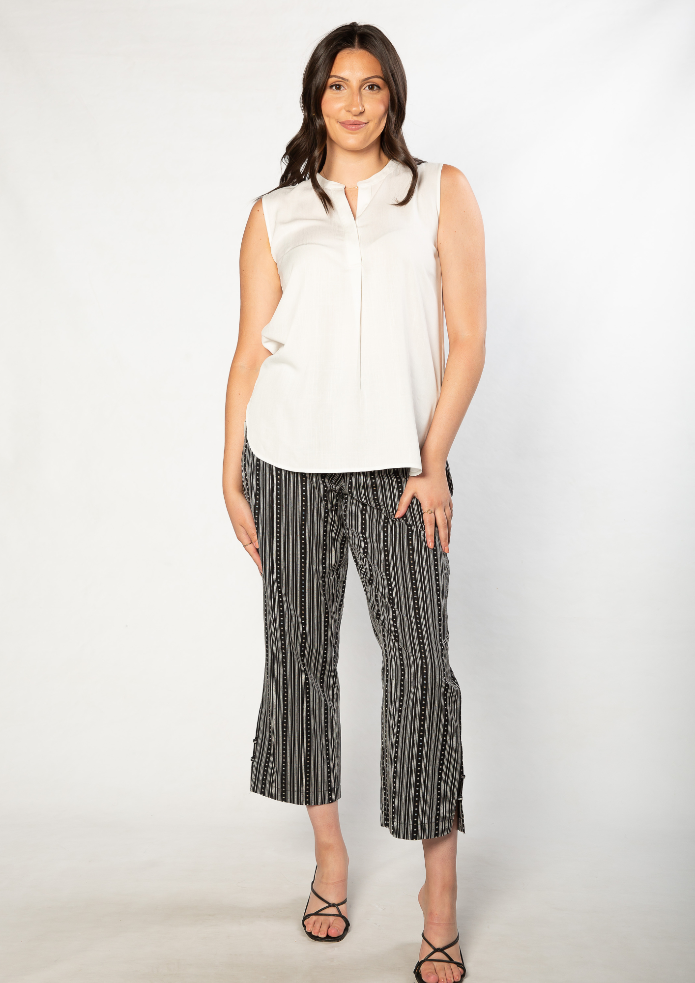 Pure cotton Drawstring Stripe Pant with Side Seam Hem Tab Detail #6535 - Black