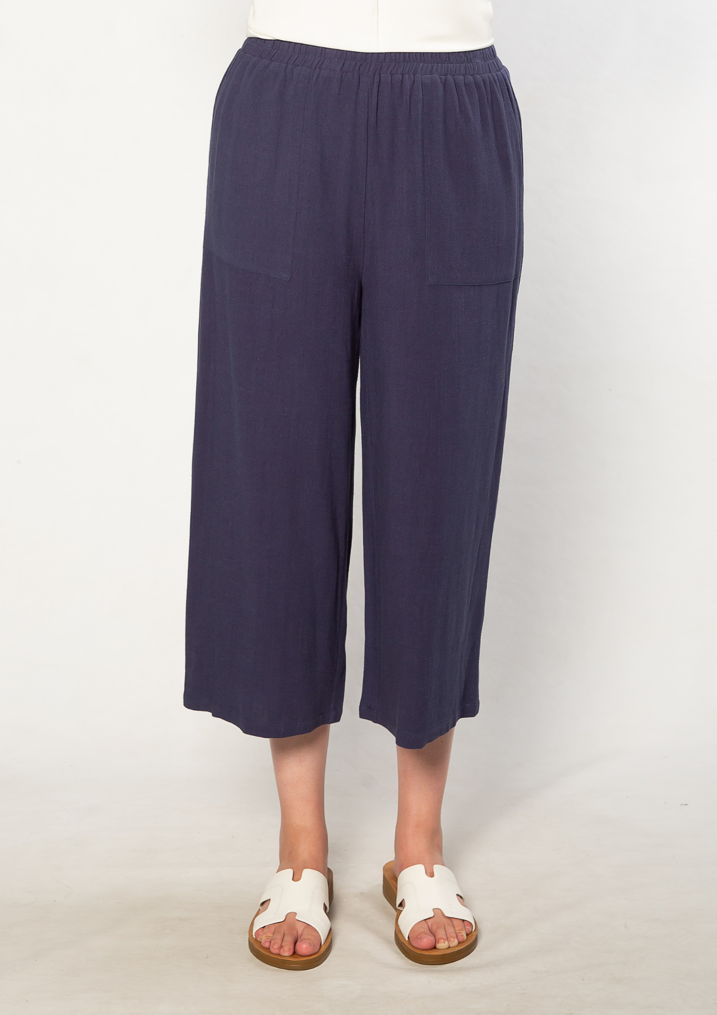 Linen Blend 3/4 Length Pant with Pockets #6678 - Navy