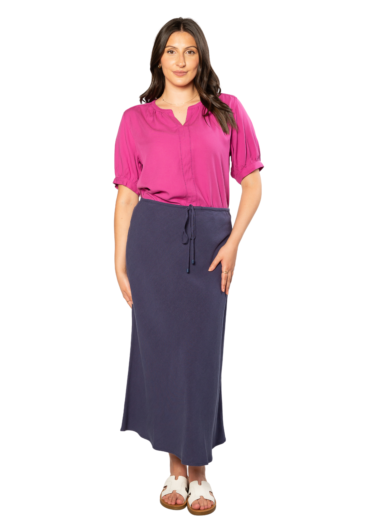 Linen Blend Drawstring Skirt 4225 - Navy
