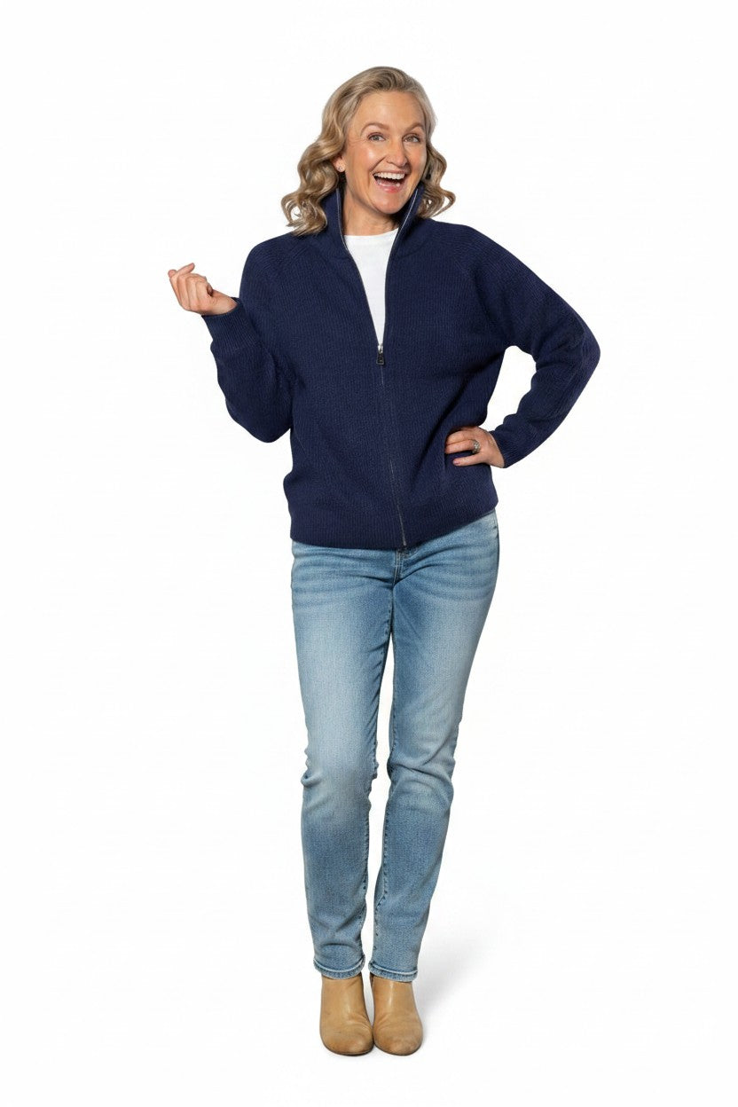 Soft Knit Ribbed Zip Cardigan with Cable Stitch Sleeves #5087 – Navy