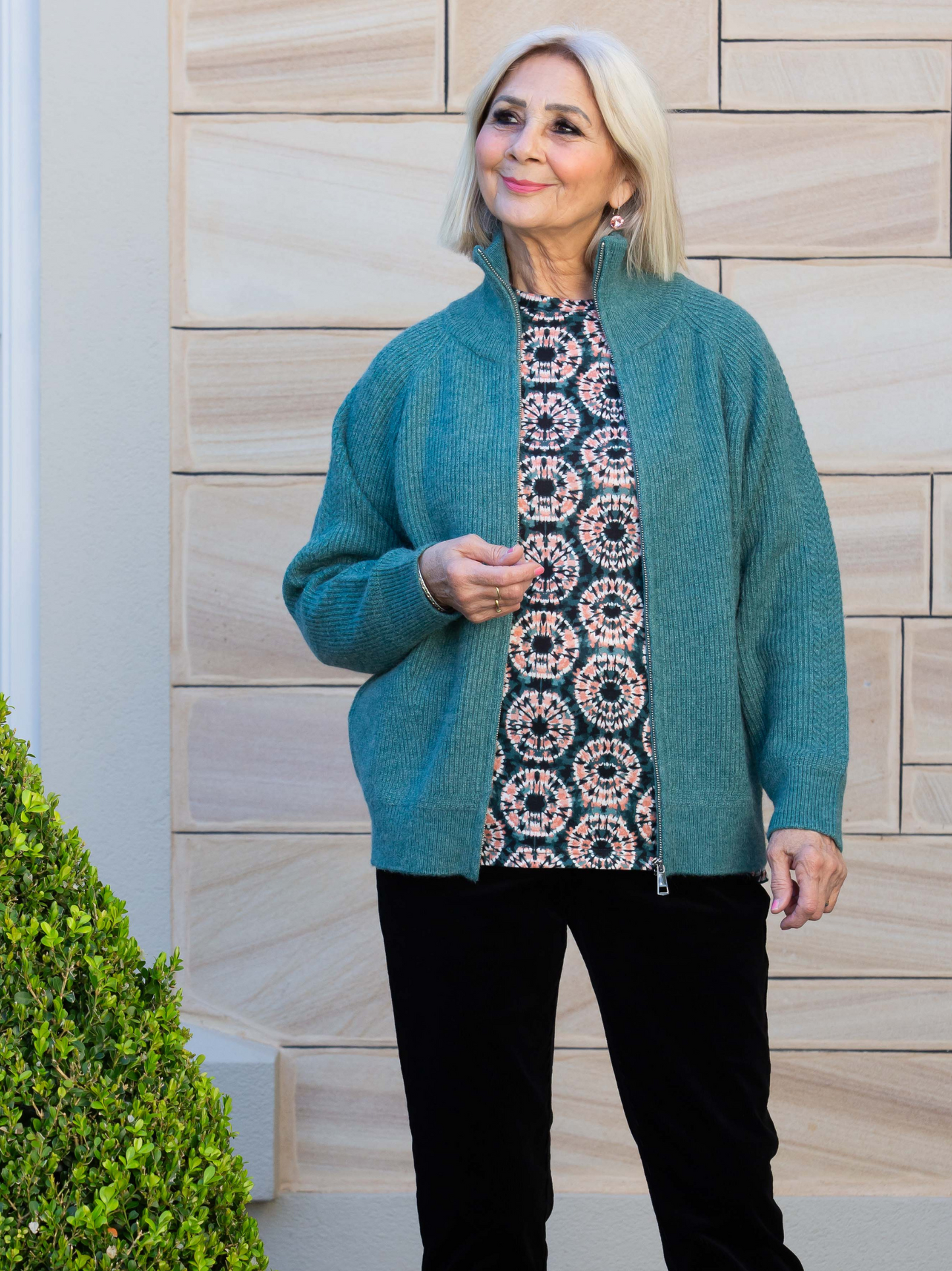Soft Knit Ribbed Zip through Cardi with fine cable stitch on sleeves #5087 Blue
