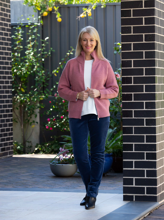 Soft Knit Ribbed Zip through Cardi with fine cable stitch on sleeves #5087 Pink