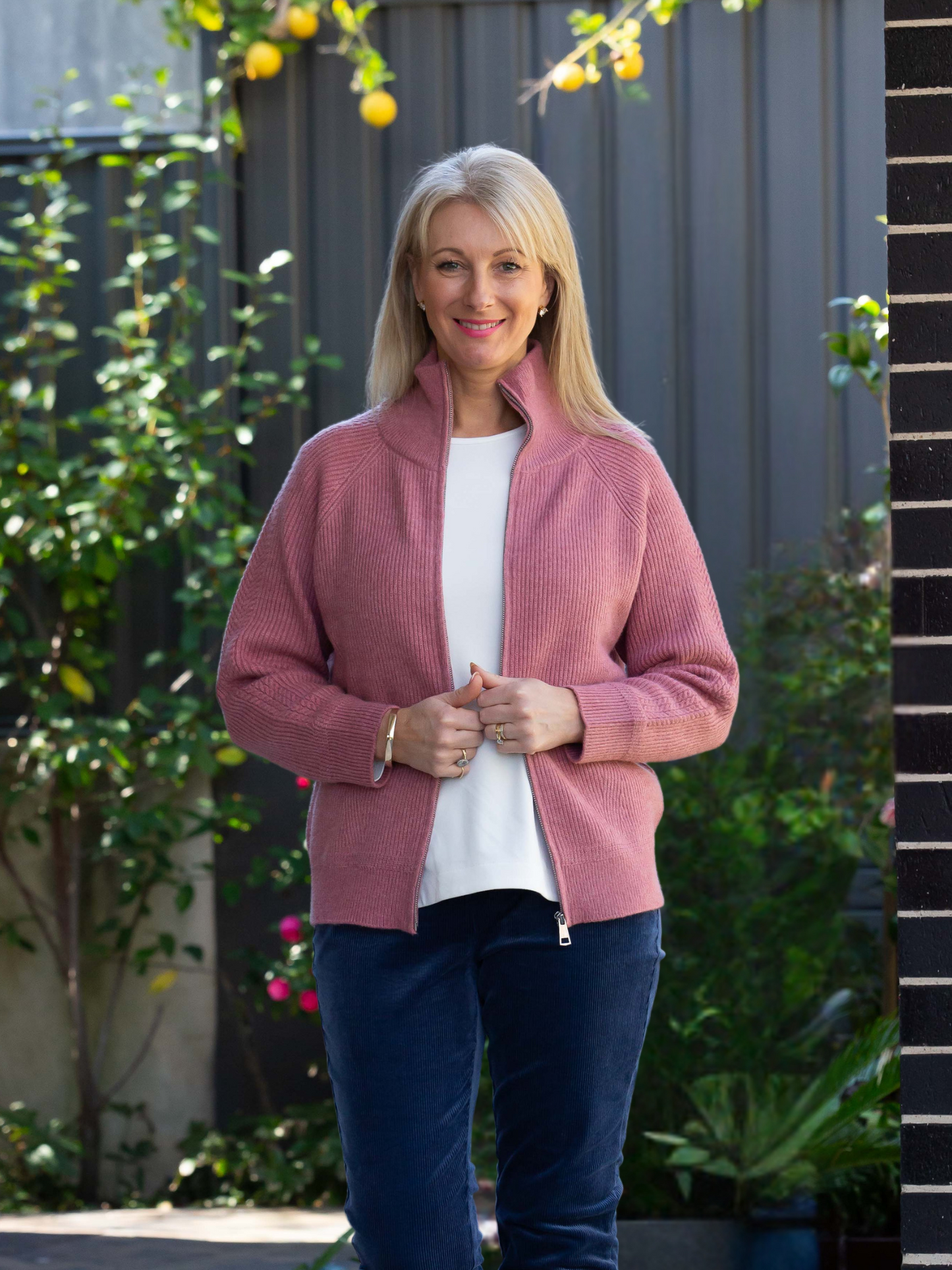 Soft Knit Ribbed Zip through Cardi with fine cable stitch on sleeves #5087 Blue