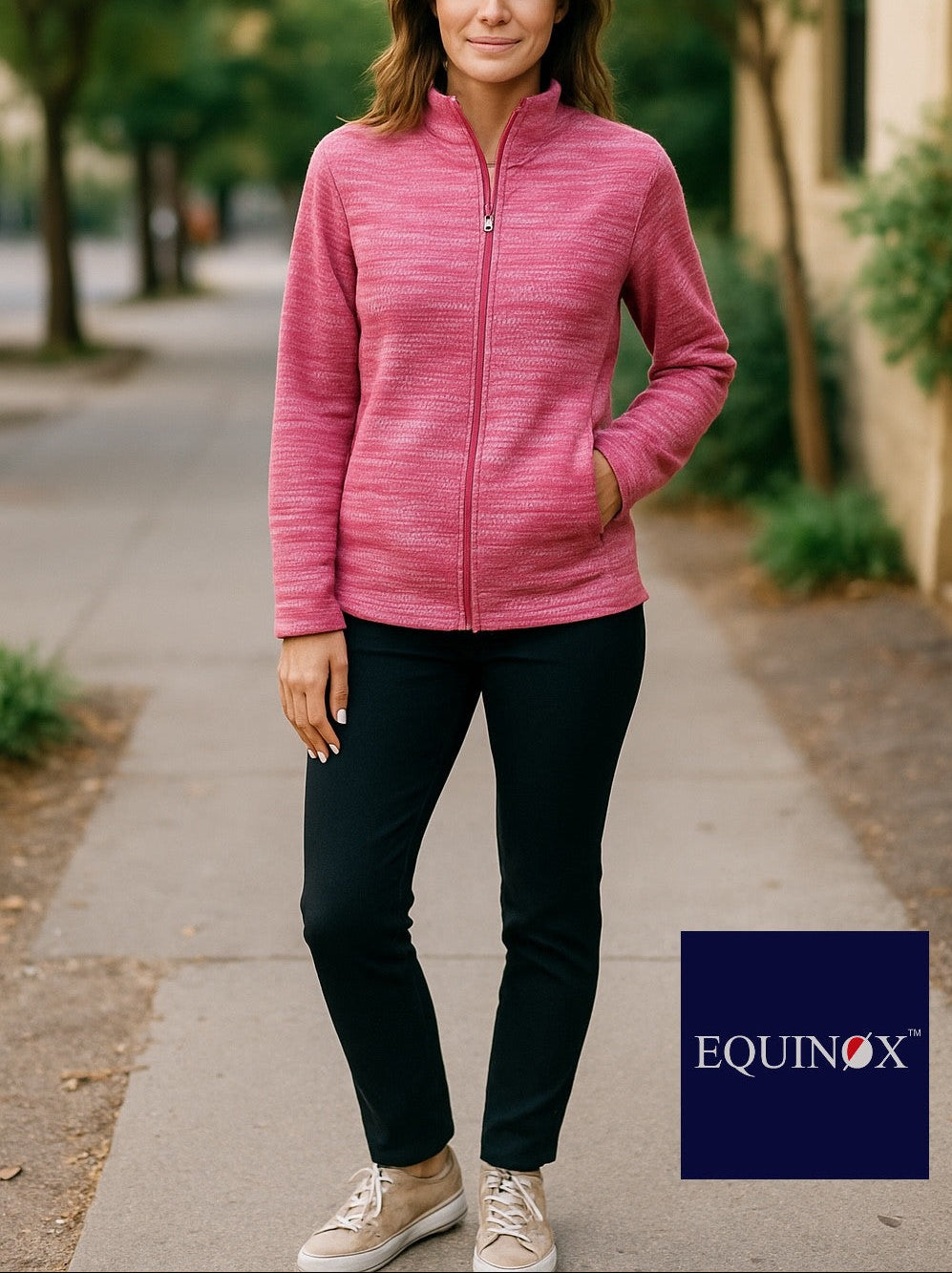 Woman wearing a pink jacket on a sidewalk with Equinox logo.